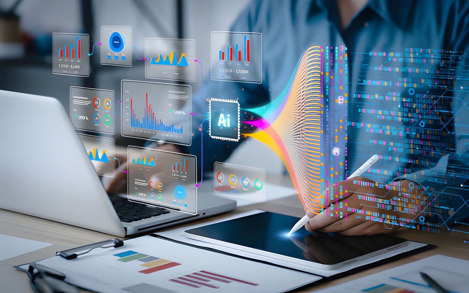 AI dashboard with business analytics visuals